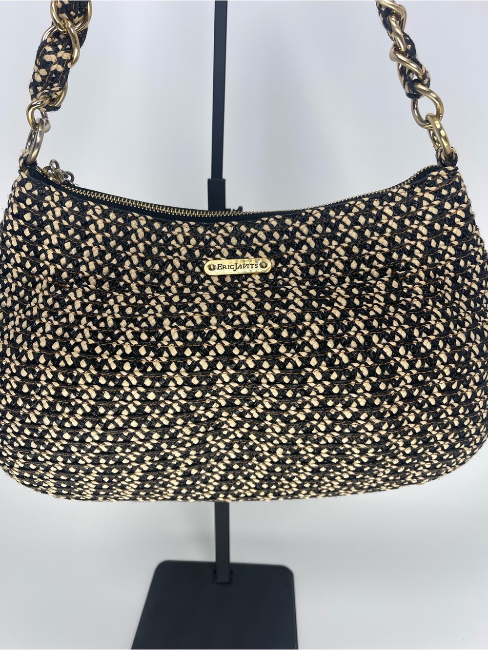 Eric Javits Black and Natural Woven Shoulder Bag with Gold Chain